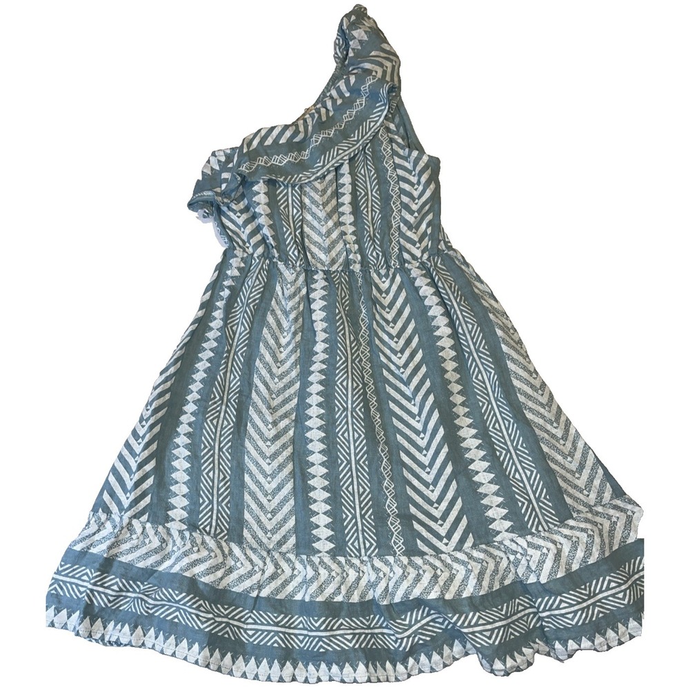 Valentina Naldi Large Italy Ruffle Trim One Shoulder Linen Dress Blue Boho